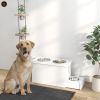 Elevated Dog Bowls With Slow Feeder Mat, Storage Cabinet, 3 Stainless Steel Bowls For Large & Extra Large Dogs, White
