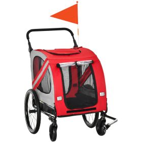 Aosom Pet Bike Trailer and Stroller 2-in-1 Red with Universal Wheel Reflectors Safety Flag