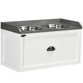 PawHut Raised Pet Feeder, Large Pet Dish Bowl Set with Storage Drawer, 2 Steel Bowls, White