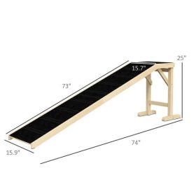 PawHut Dog Ramp Pet Ramp for Bed, Non-Slip Carpet, Top Platform, 74" x 16" x 25", Natural