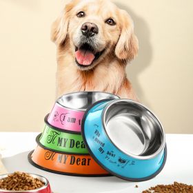 Stainless steel dog bowl; color anti-skid dog bowl; (Size: Blue cartoon, colour: 16cm)