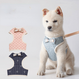 Pet leash Bowknot pet chest strap vest cat dog leash (color: Light blue flowers, Specifications (length * width): S)