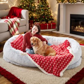 Human Dog Bed, Large Size Fits You and Pets, Washable Faux Fur Dog Bed for People Doze Off, Napping Orthopedic Dog Bed, Present Plump Pillow, Blanket (color: Grey-Christmas, Size: 6XL(71"L x 45"W x 12"Th))