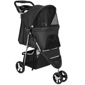 3 Wheels Pet Stroller Foldable Carrier Strolling Cart Travel Jogger Pet Stroller with Removable Liner Storage Basket for Dog Cat (Option:: Black)