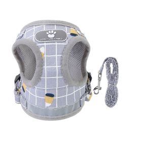 Pet Mesh Harness Dog Leash Set Reflective Chest Strap Adjustable Puppy Vest For Puppies Breeds Dogs Walking Outdoor (Option:: GreyCheckered_M)