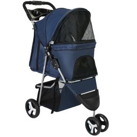 3 Wheels Pet Stroller Foldable Carrier Strolling Cart Travel Jogger Pet Stroller with Removable Liner Storage Basket for Dog Cat (Option:: Blue)