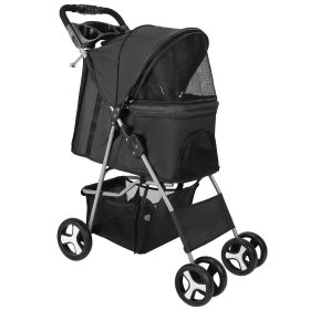 4 Wheels Pet Stroller Foldable Carrier Strolling Cart Travel Jogger Pet Stroller with Removable Liner Storage Basket for Dog Cat (Option:: Black)