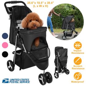 3 Wheels Pet Stroller Foldable Carrier Strolling Cart Travel Jogger Pet Stroller with Removable Liner Storage Basket for Dog Cat (Option:: Pink)