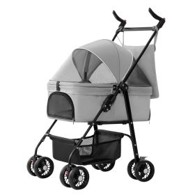 4 Wheels Pet Stroller Foldable Carrier Strolling Cart Travel Jogger Pet Stroller with Removable Liner Storage Basket for Dog Cat (Option:: Grey)