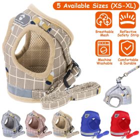 Pet Mesh Harness Dog Leash Set Reflective Chest Strap Adjustable Puppy Vest For Puppies Breeds Dogs Walking Outdoor (Option:: KhakiCheckered_S)