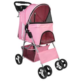 4 Wheels Pet Stroller Foldable Carrier Strolling Cart Travel Jogger Pet Stroller with Removable Liner Storage Basket for Dog Cat (Option:: Pink)
