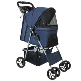 4 Wheels Pet Stroller Foldable Carrier Strolling Cart Travel Jogger Pet Stroller with Removable Liner Storage Basket for Dog Cat (Option:: Blue)