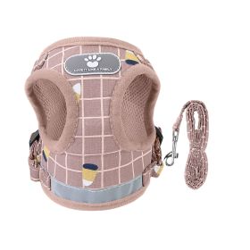 Pet Mesh Harness Dog Leash Set Reflective Chest Strap Adjustable Puppy Vest For Puppies Breeds Dogs Walking Outdoor (Option:: PinkCheckered_S)